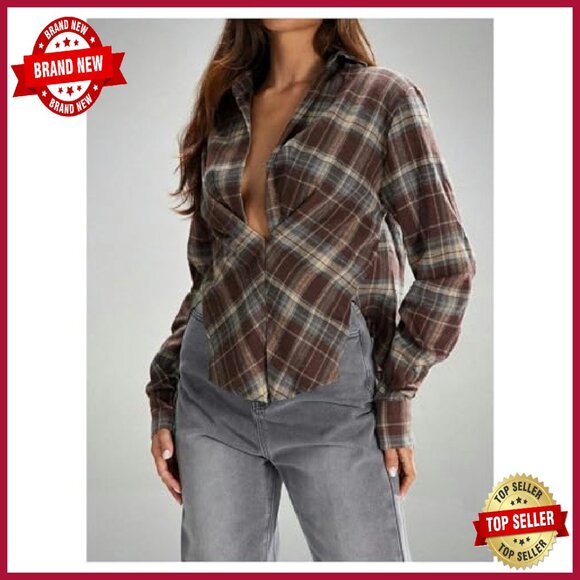 Soft Plaid Button Down Blouse Long Sleeve Loose Fit Casual Top - Picture 3 of 6
